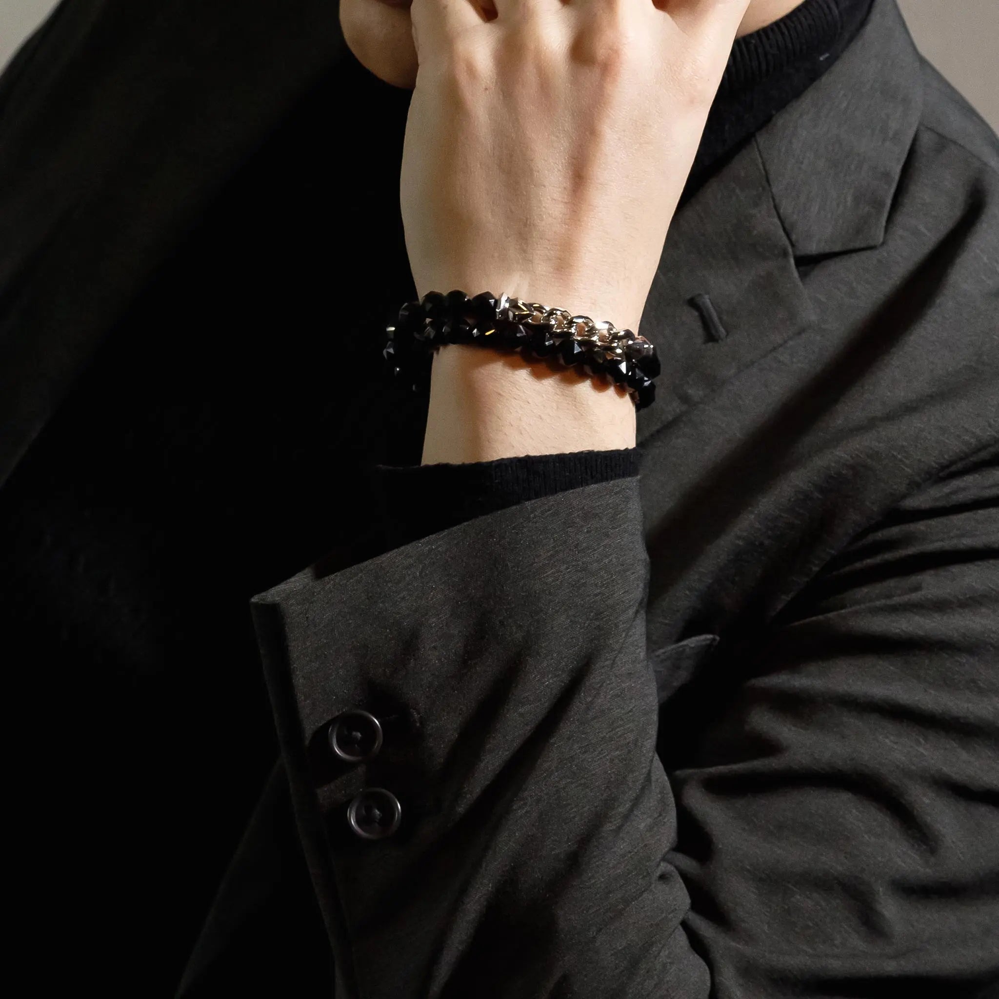 黑尖晶 半銀鏈 雙圈男士手鍊 - AWNL Taiwan