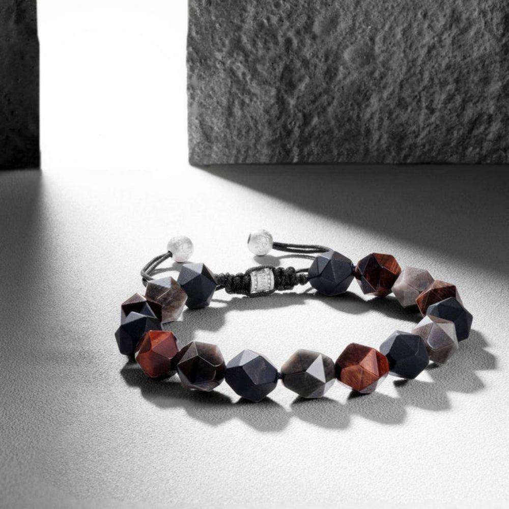 AWNL 瑞典珠寶 天然晶石 黑瑪瑙 紅虎眼 銀曜石 編織抽繩 男士手鍊 - AWNL Taiwan
