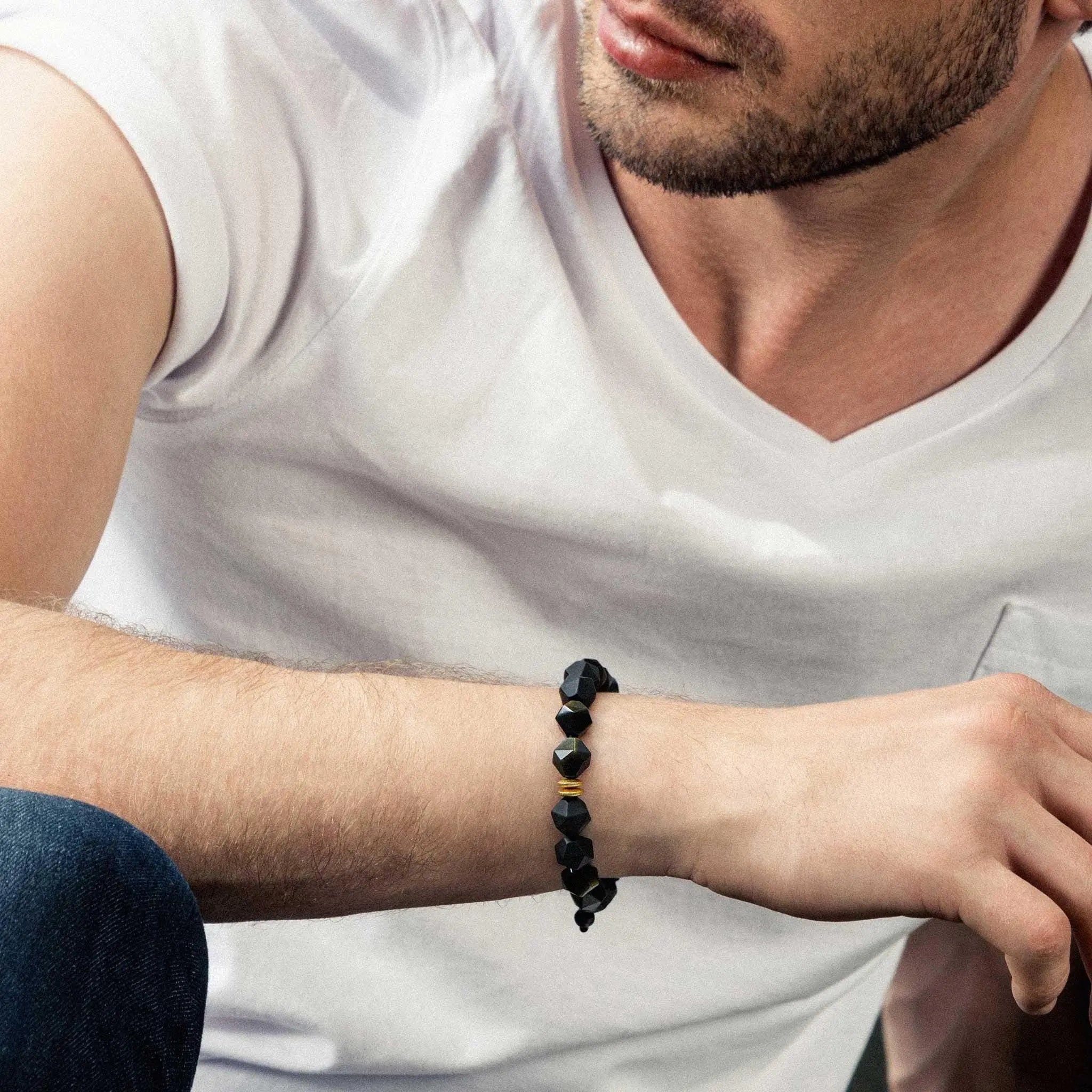 瑞典珠寶 AWNL 天然晶石 黑瑪瑙 金曜石 轉運能量 男士手鍊- AWNL Taiwan