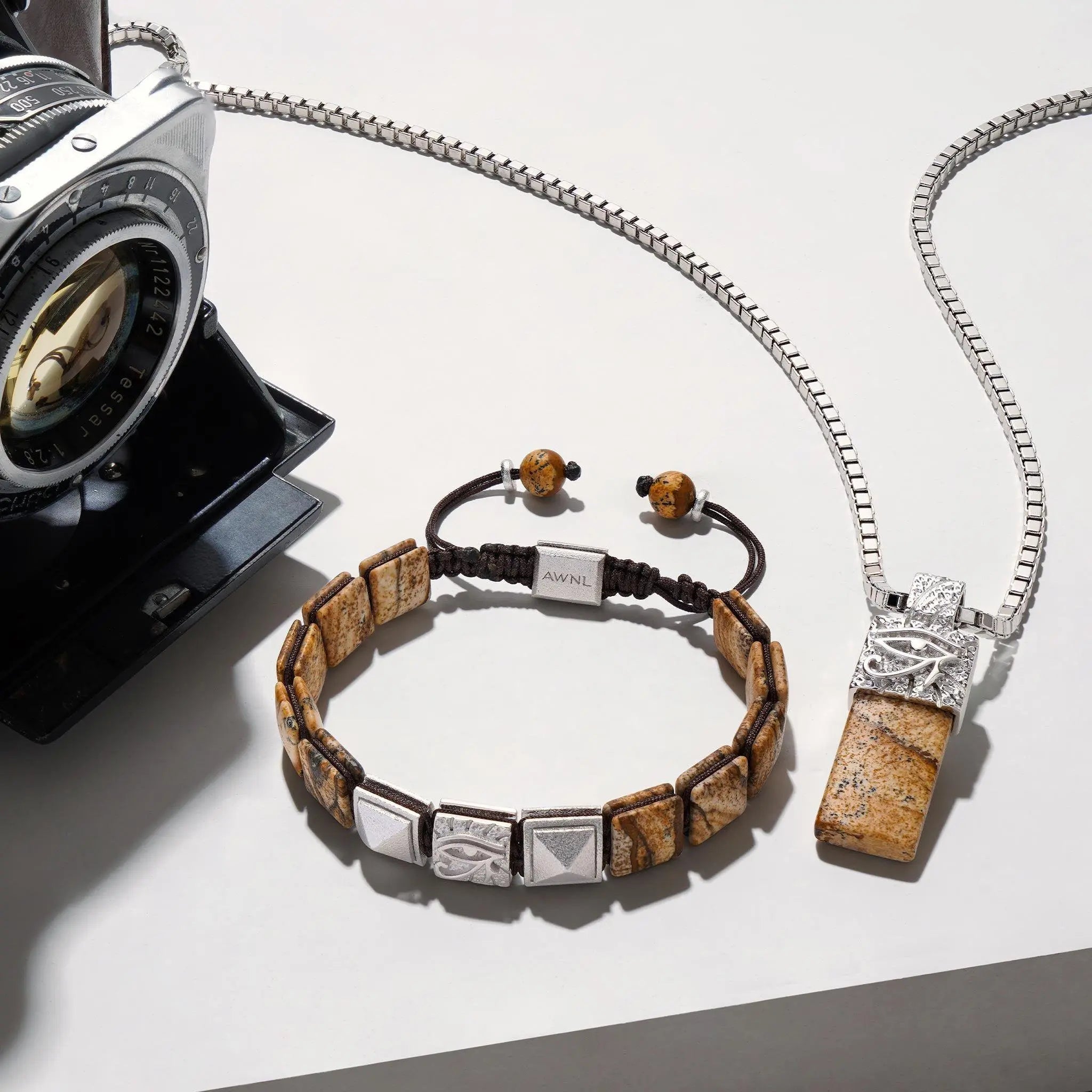 AWNL 瑞典珠寶 天然晶石 圖畫石 荷魯斯之眼 平安符 男士手鍊 - AWNL Taiwan