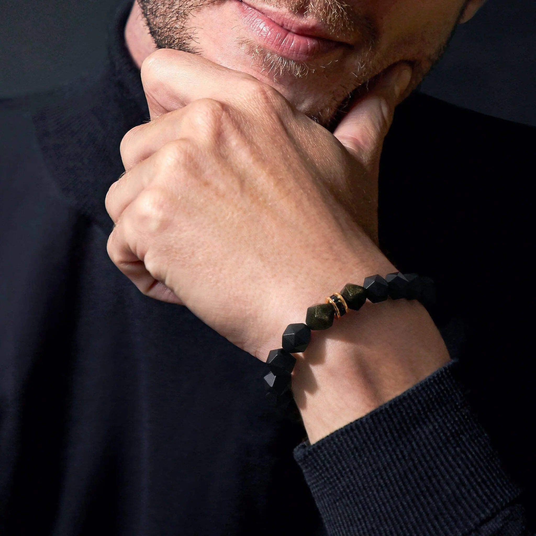 AWNL 瑞典珠寶 天然石 黑瑪瑙 金曜石 戰神 男士手鍊 - AWNL Taiwan