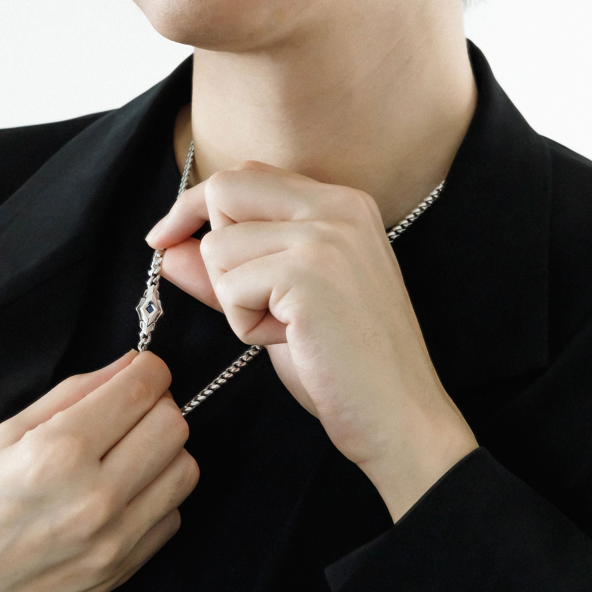 方形藍寶石 純銀 鏈條項鍊 - AWNL Taiwan