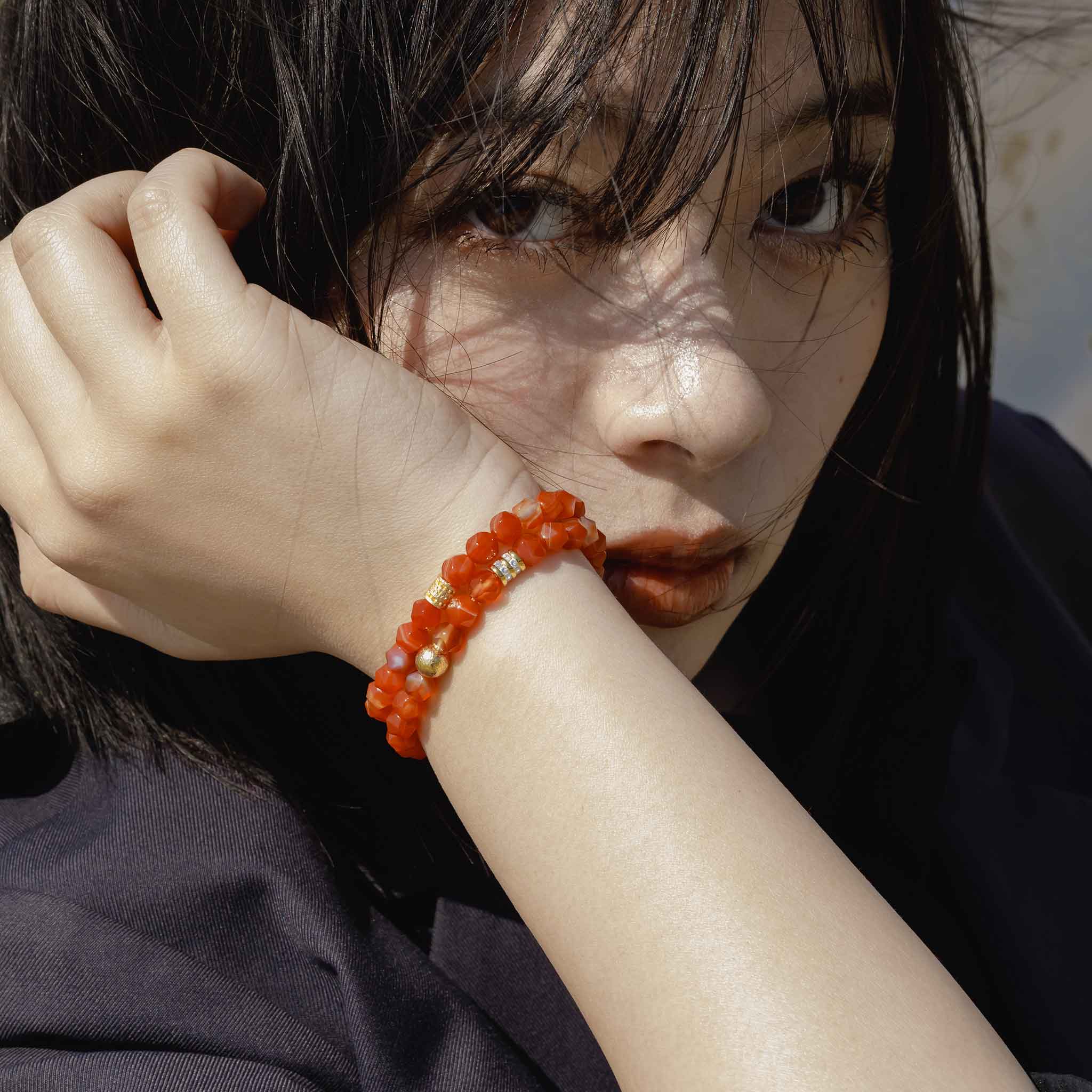 瑞典隕石 橙紅瑪瑙 女士雙圈手鍊 - AWNL Taiwan