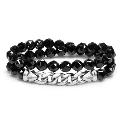 黑尖晶 半銀鏈 雙圈男士手鍊