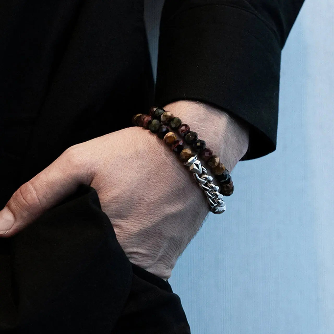 彩虎眼 半銀鏈 雙圈男士手鍊 - AWNL Taiwan