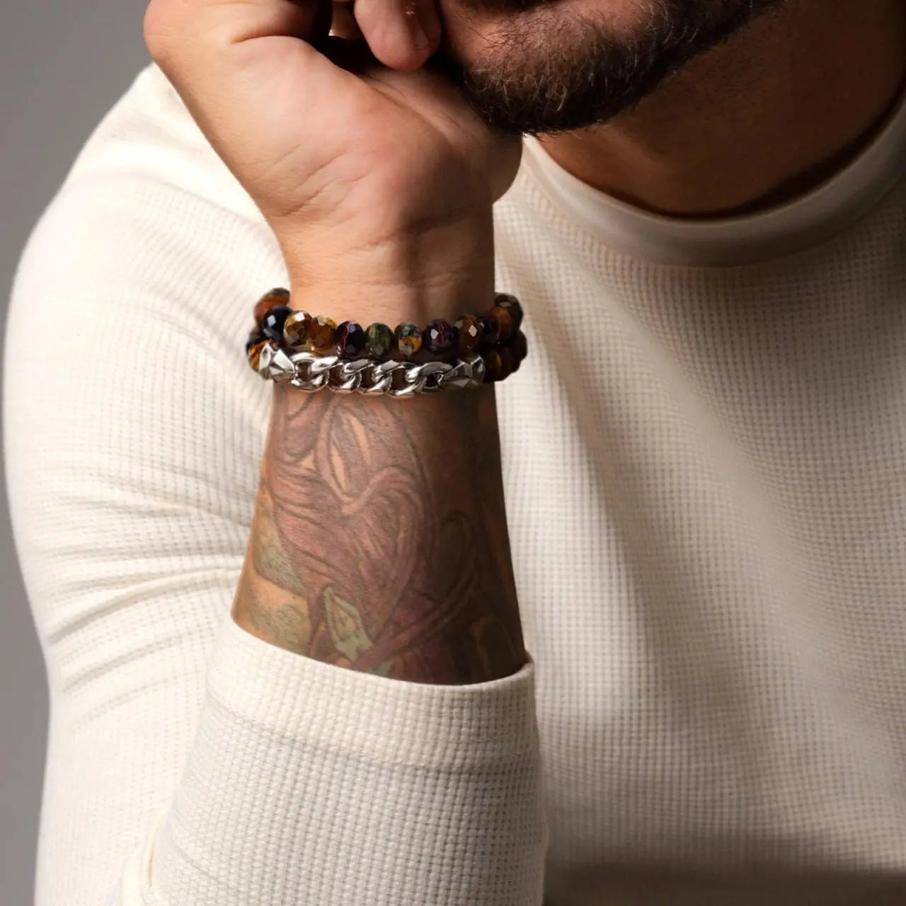 彩虎眼 半銀鏈 雙圈男士手鍊 - AWNL Taiwan