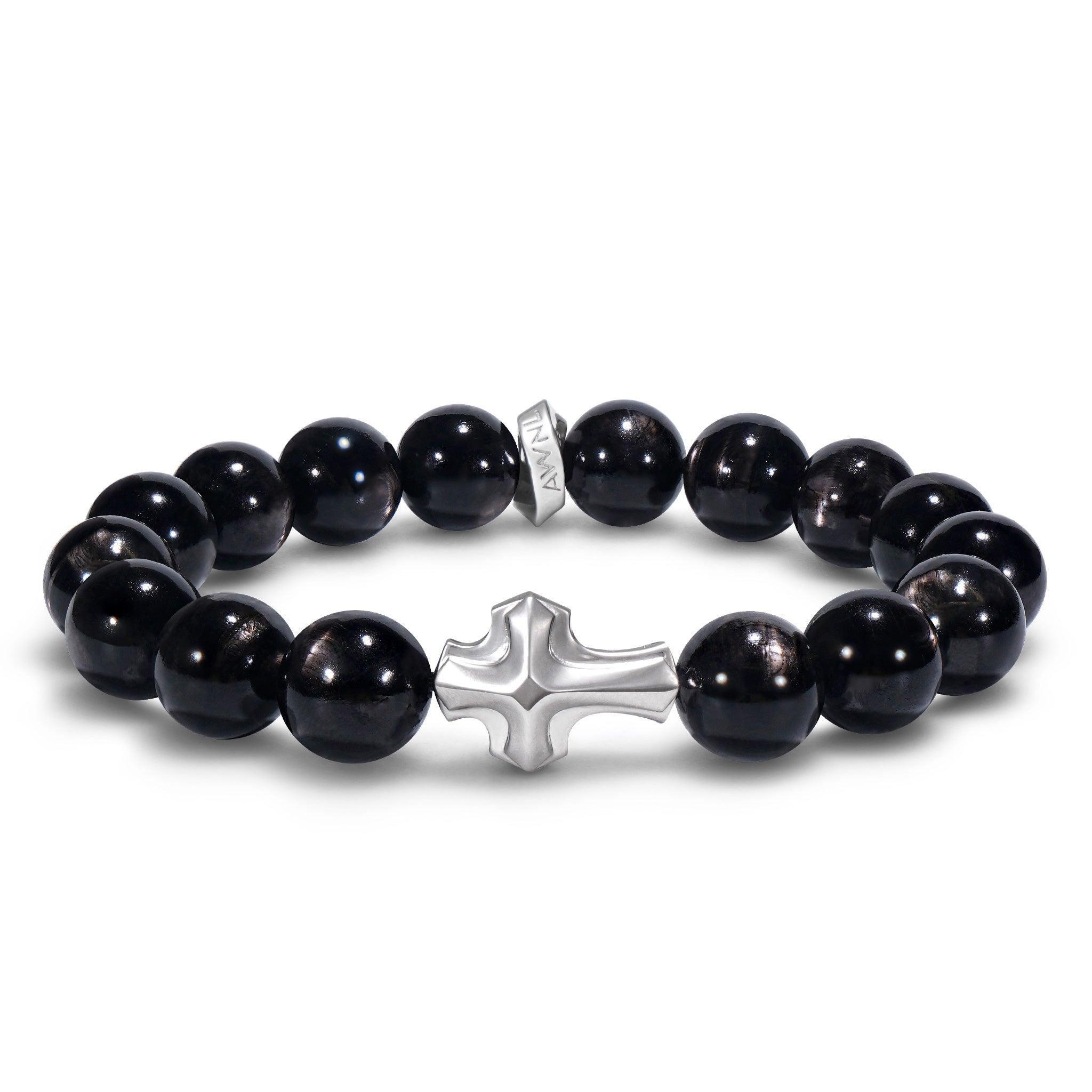 AWNL】男士天然灰鷹眼石手鍊｜純銀十字架吊飾｜10mm水晶串珠｜輕