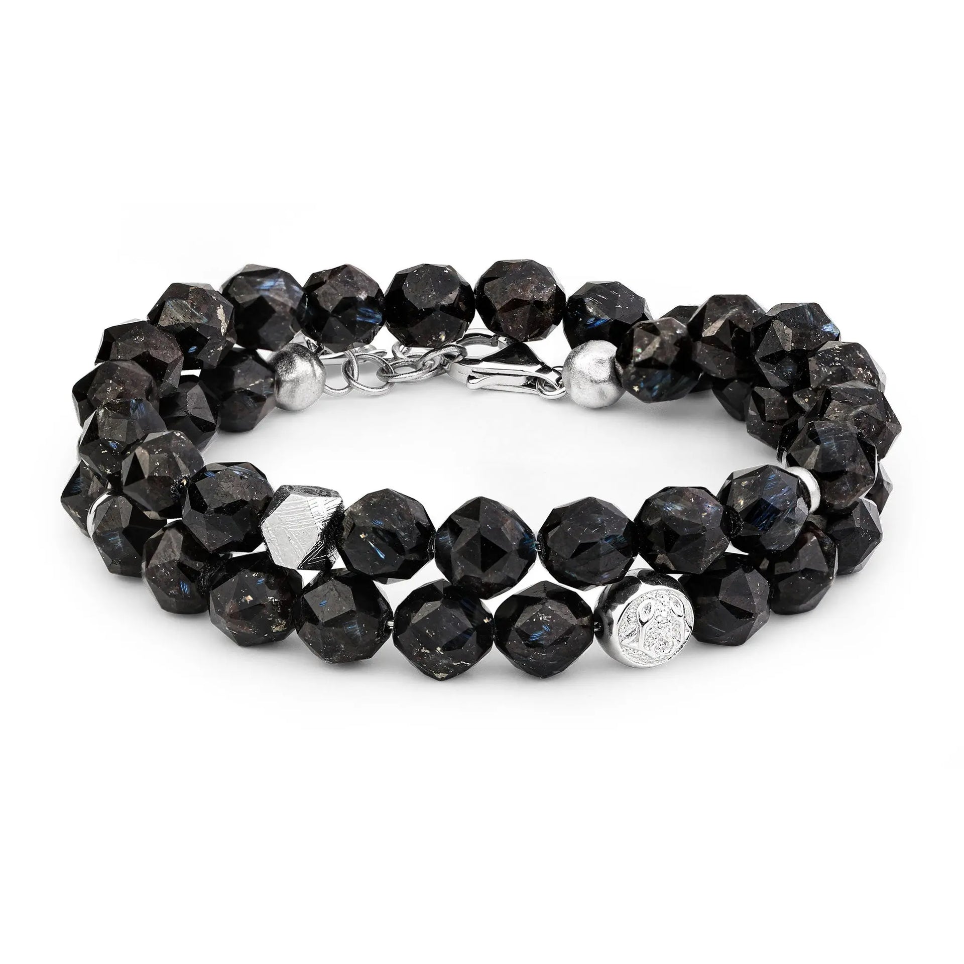 【AWNL】男士M隕石×天然努烏邁特石幸運雙圈手鍊｜8mm Nuummite水晶串珠｜純銀龍蝦扣環｜輕奢設計款